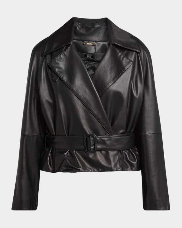 Belted Short Leather Moto Jacket